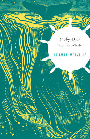 A whale diving into the ocean with a boat in its mouth on the cover of Moby Dick