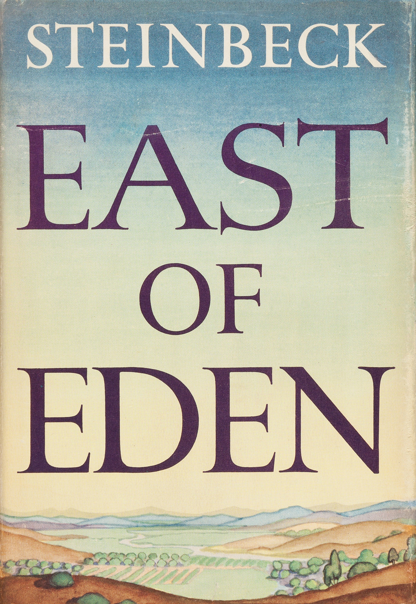 A wide angle of a landscape on the cover of East of Eden