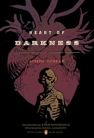 An emaciated person holding their hand over their heart, standing in front of a heart on the cover of Heart of Darkness