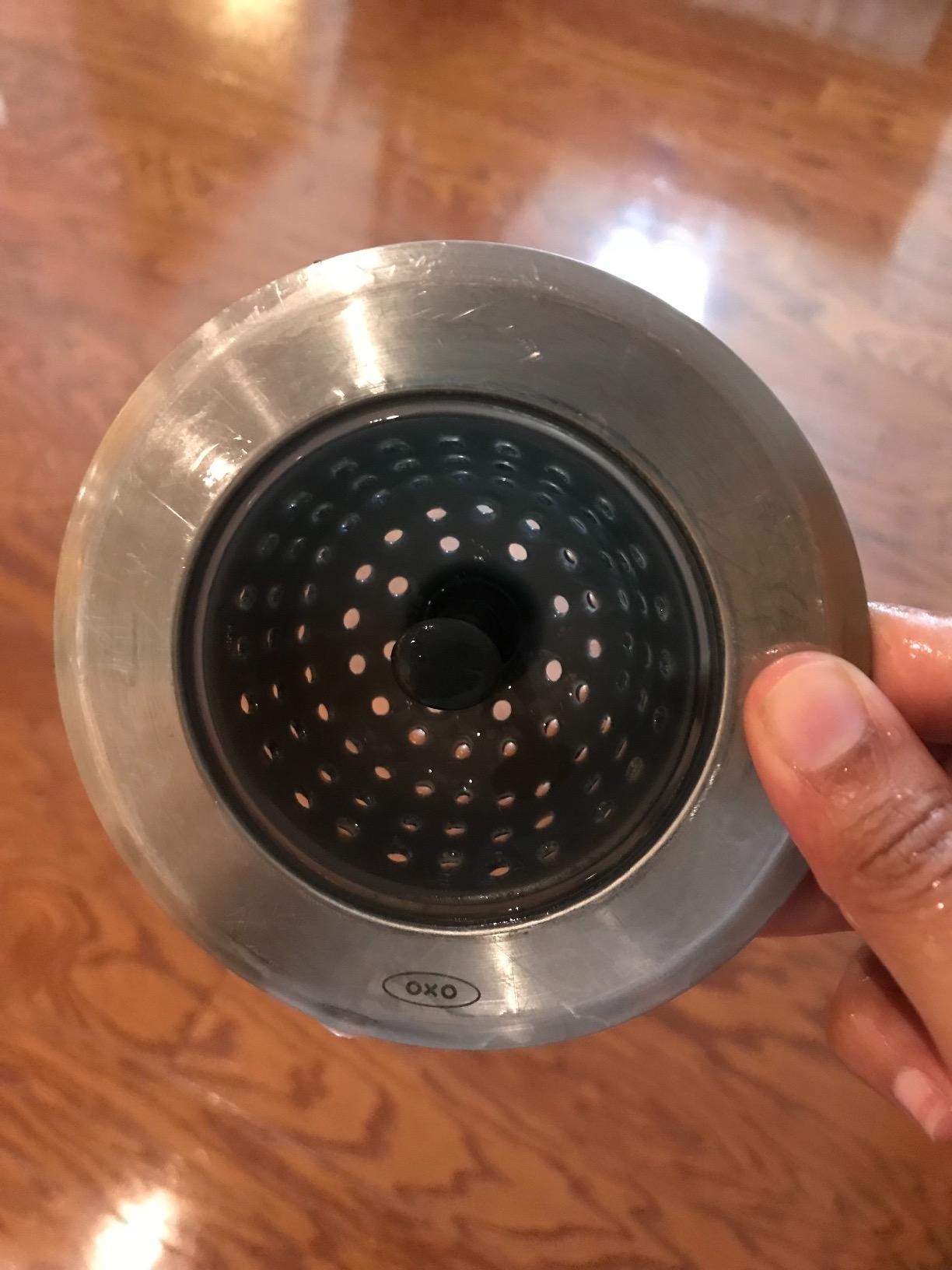 Reviewer holding sink strainer