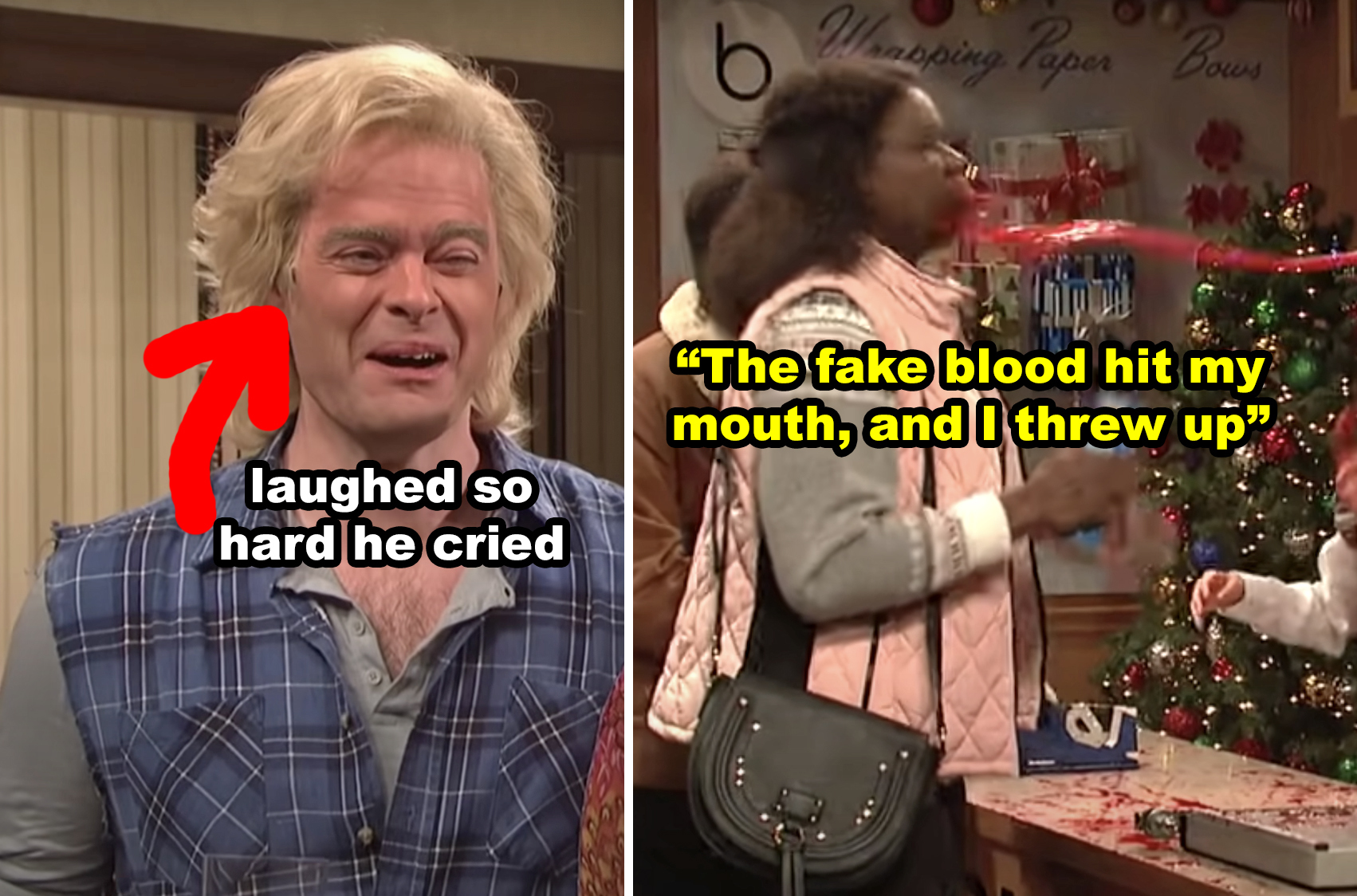 Side-by-side of Bill Hader laughing and Leslie Jones getting hit in the face with fake blood