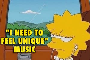 Lisa Simpson listening to music with a glum expression