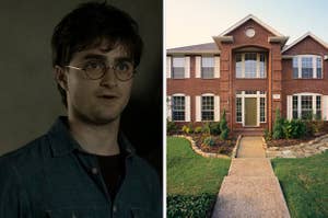 Harry Potter, wearing a blue button up shirt and his trademark glasses, looks visibly upset and a two story brick house with a manicured lawn and a sand stone walkway.