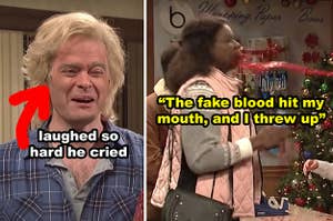Side-by-side of Bill Hader laughing and Leslie Jones getting hit in the face with fake blood