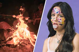 Three people roast marshmallows on wooden sticks over a roaring fire and the cover for Olivia Rodrigo's album "Sour" see her with a face full of sticker with the word sour spelled out on her tongue.