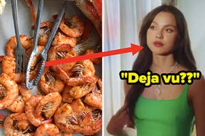 A pot is full of boiled shrimp which aren't peeled and Olivia Rodrigo looks at her reflection in the mirror while wearing a green dress.