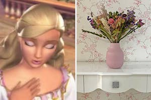 barbie in the princess and the pauper on the left and a pink vase full of flowers on the right