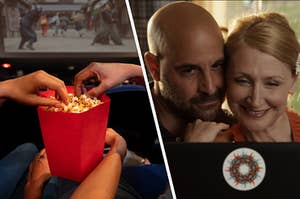Two hands reach into the same small bucket of popcorn as the movie screen behind them plays a movie and Rosemary and Dill Penderghast lean into each other as they smile at their computer screen in the movie "Easy A."