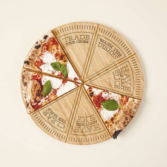 Round pizza slicing board with several pieces removed, revealing the tasks underneath 