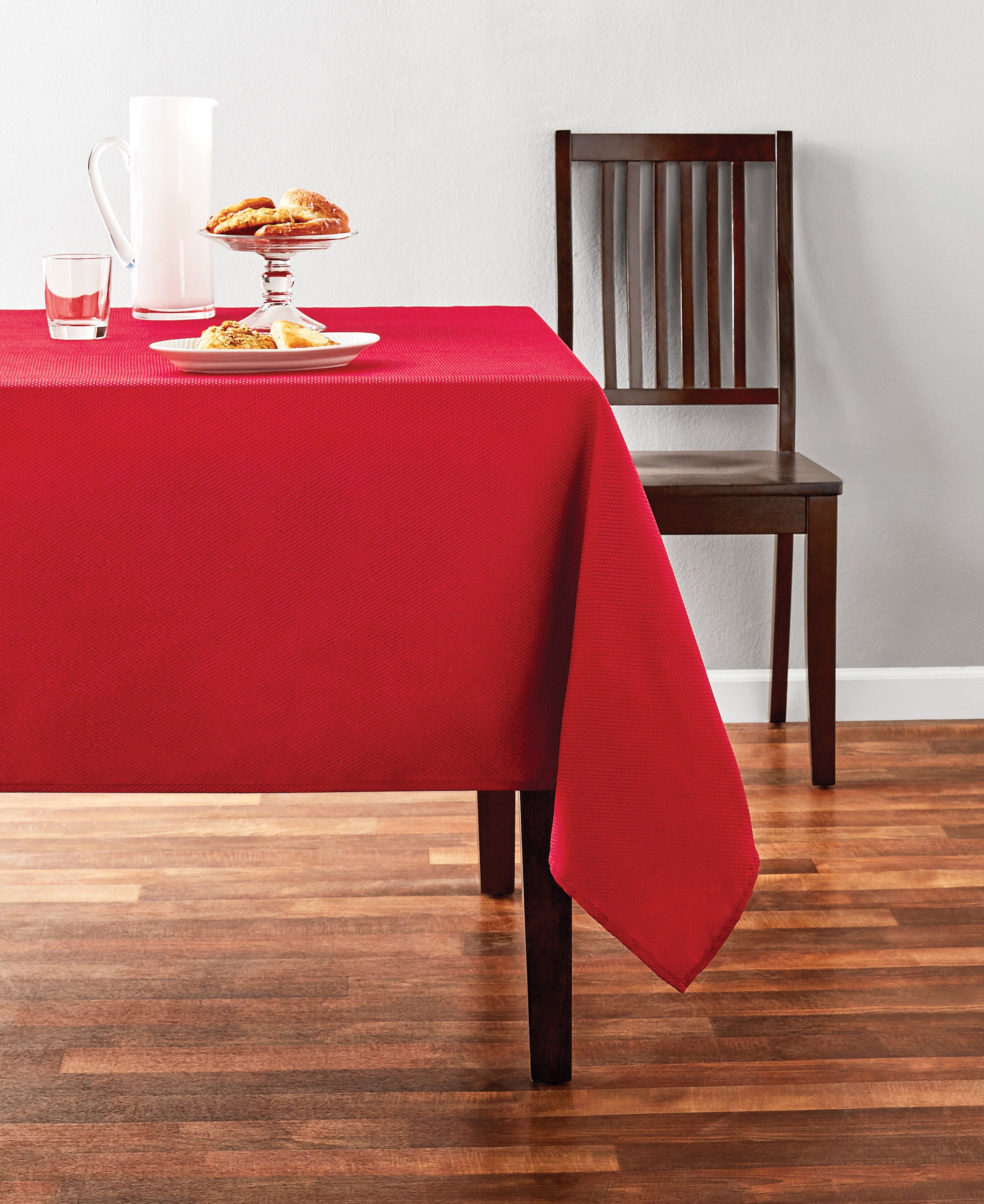 A red tablecloth on a table