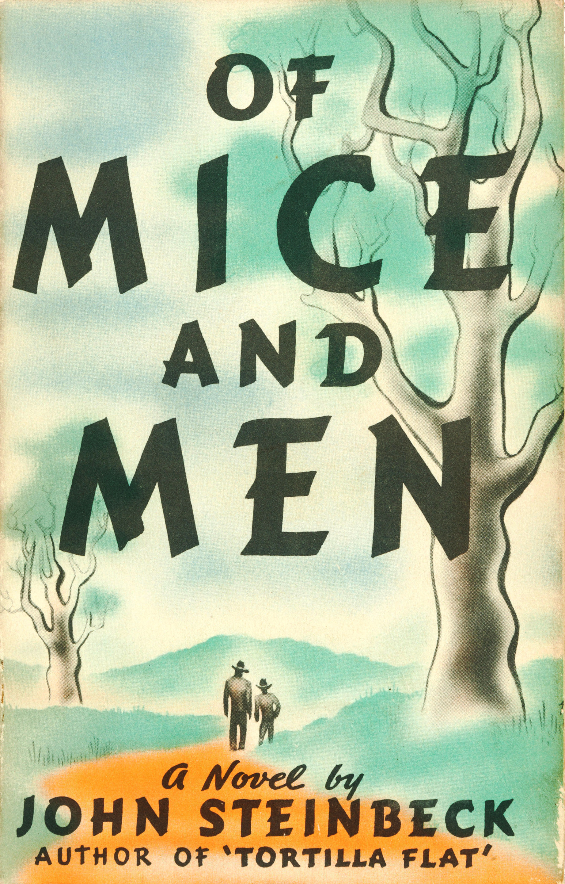 Two men walking down a path on the cover of Of Mice and Men