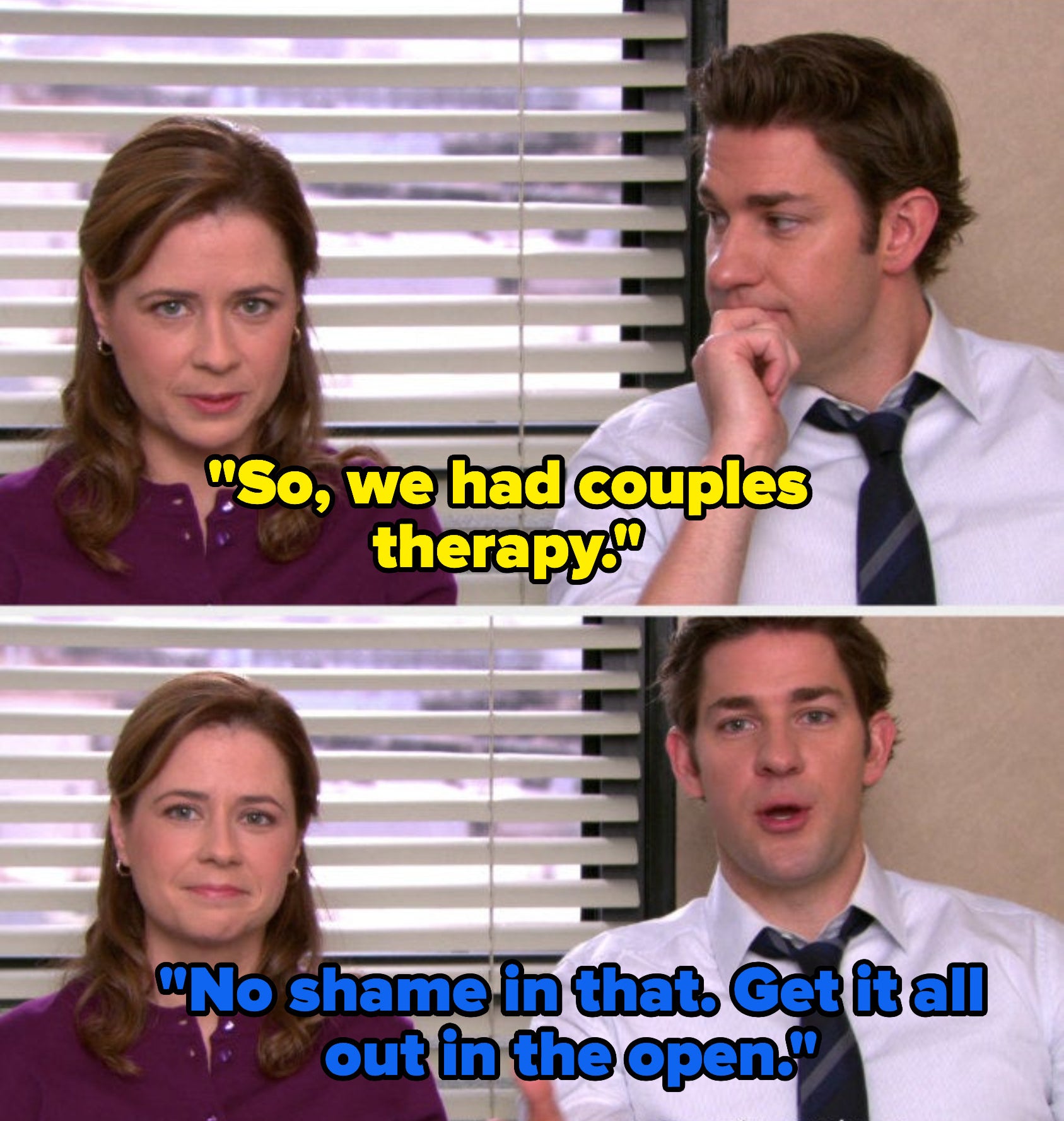 Pam and Jim talking to the camera about their couples therapy in "The Office"