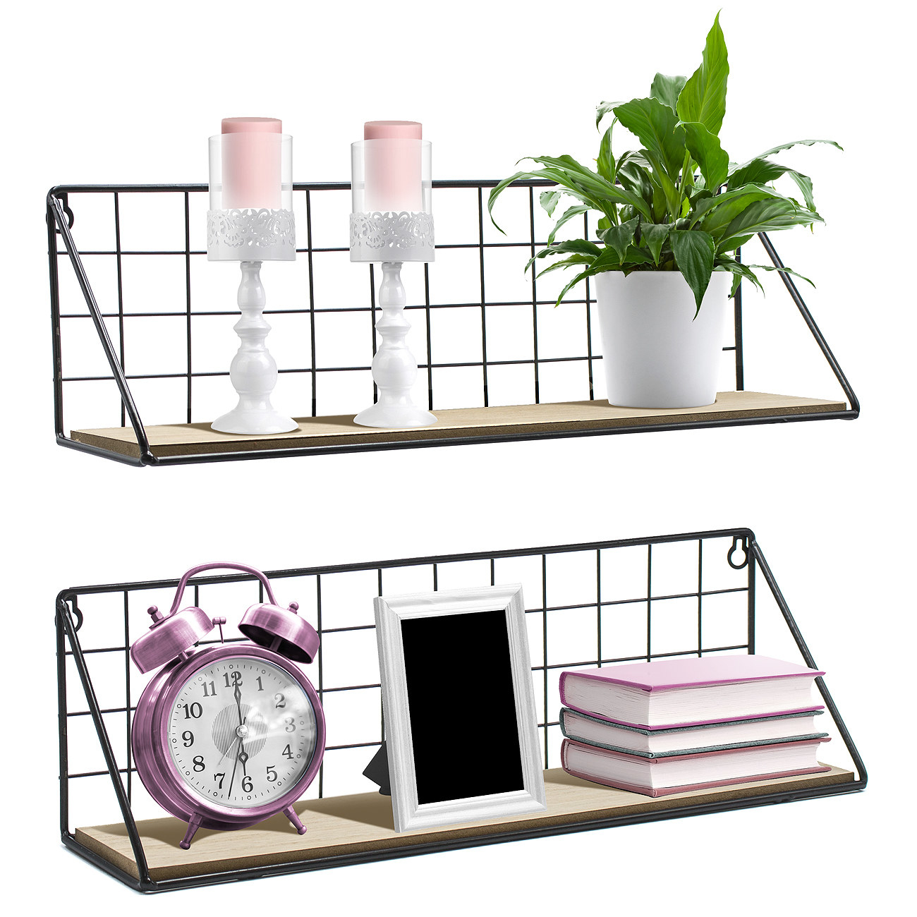 A set of two metal and wood shelves with items on it