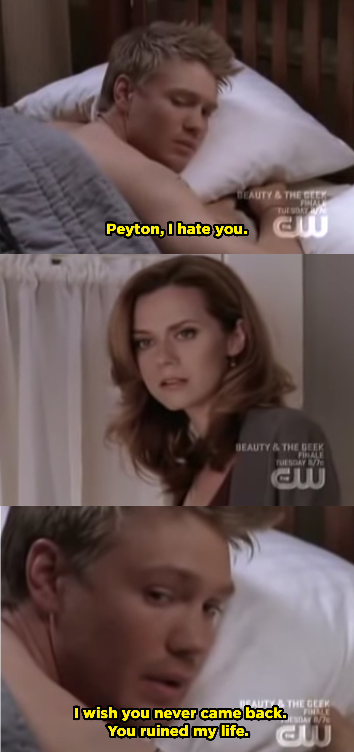 Lucas tells Peyton that he wishes she never came back because he hates her and that she ruined his life. 