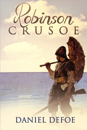 A man standing on the beach holding an umbrella and a gun on the cover of Robinson Crusoe