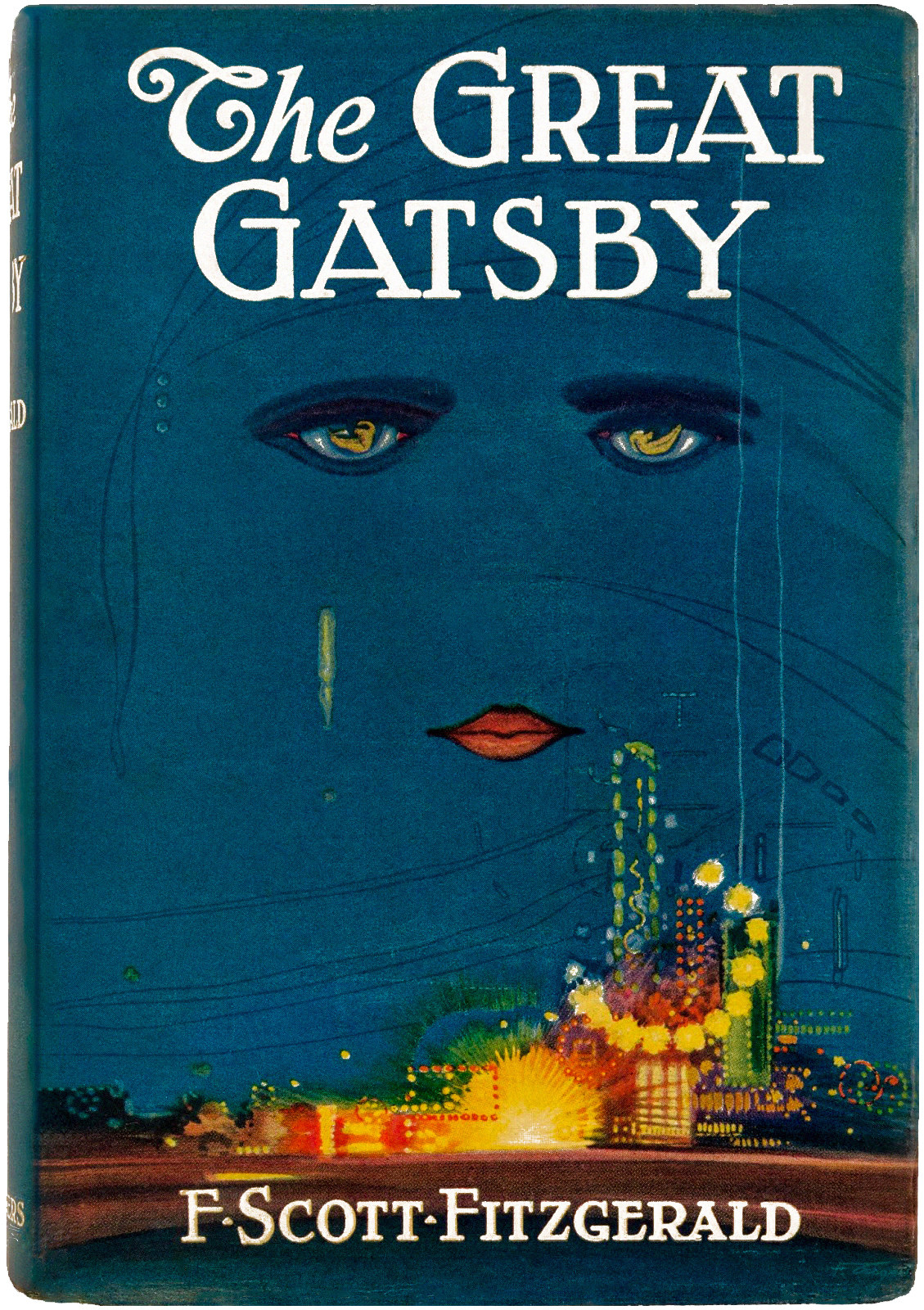 A pair of eyes looks over city lights on the cover of The Great Gatsby