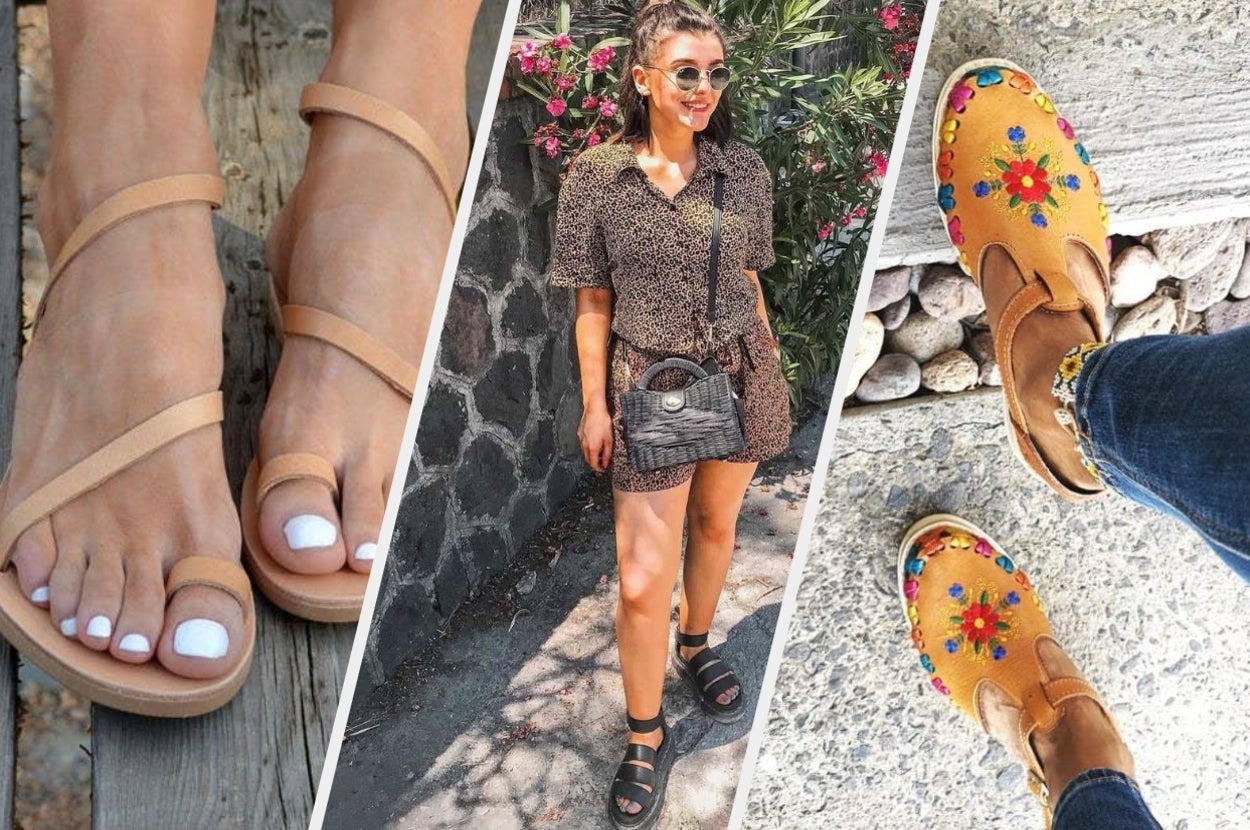 a model in nude strappy sandals; a model in black gladiator Dr. Martens; a model in colorful huaraches