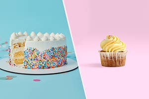 a large birthday cake beside a cupcake
