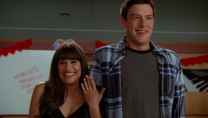 Rachel and Finn announcing their engagement to the Glee club in &quot;Glee&quot;