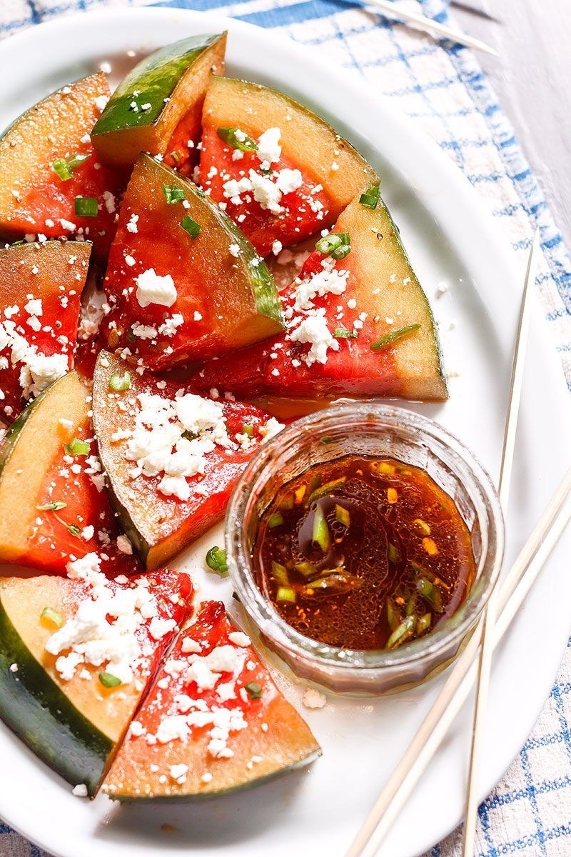 Grilled watermelon with honey balsamic and feta cheese.