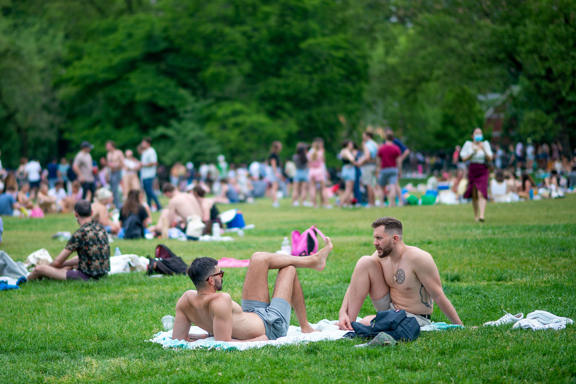 Two shirtless men lounge in the forefront with a huge crowd of people behind them in a park 