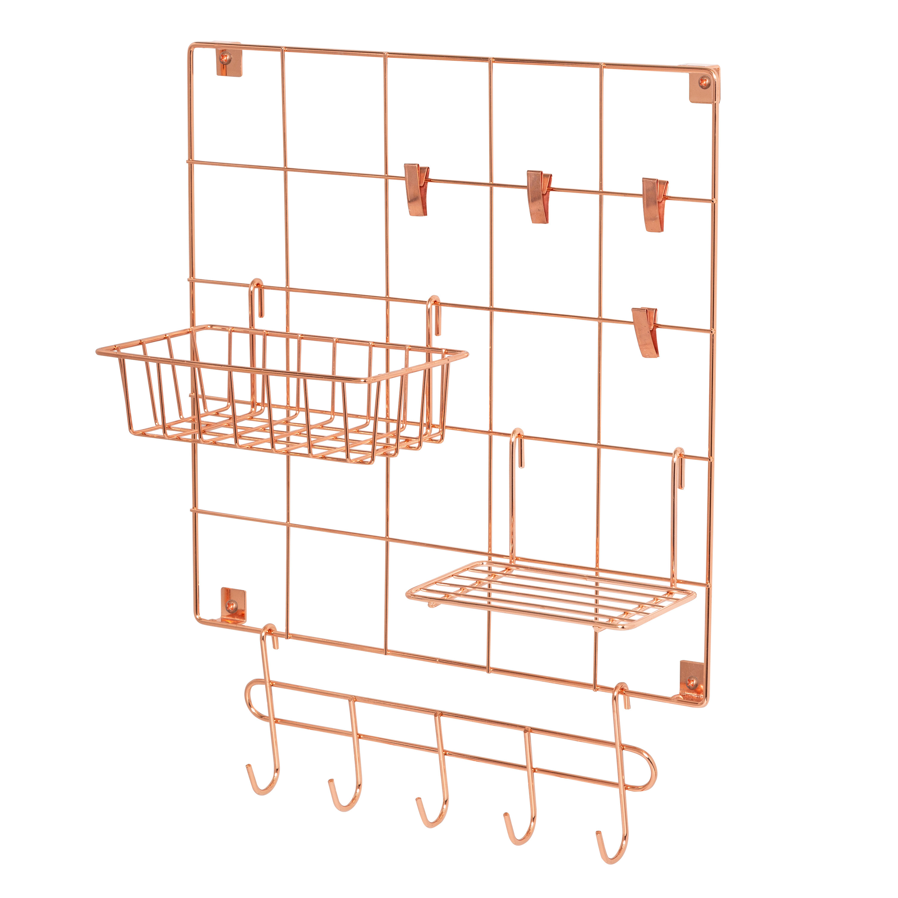 A copper wire organizer with hooks, a basket, and shelf