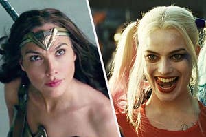 Wonder Woman staring fiercely as Harley Quinn grins wickedly