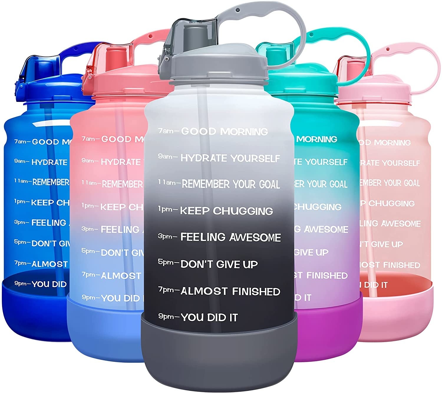 Water bottles with times of day and motivational messages on them