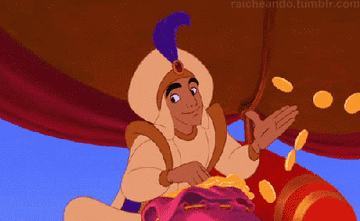 a gif of aladdin throwing gold to a crowd