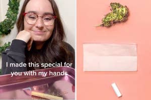 side by side of the author posing with a rolling tray, and a rolling papers with cannabis next to it