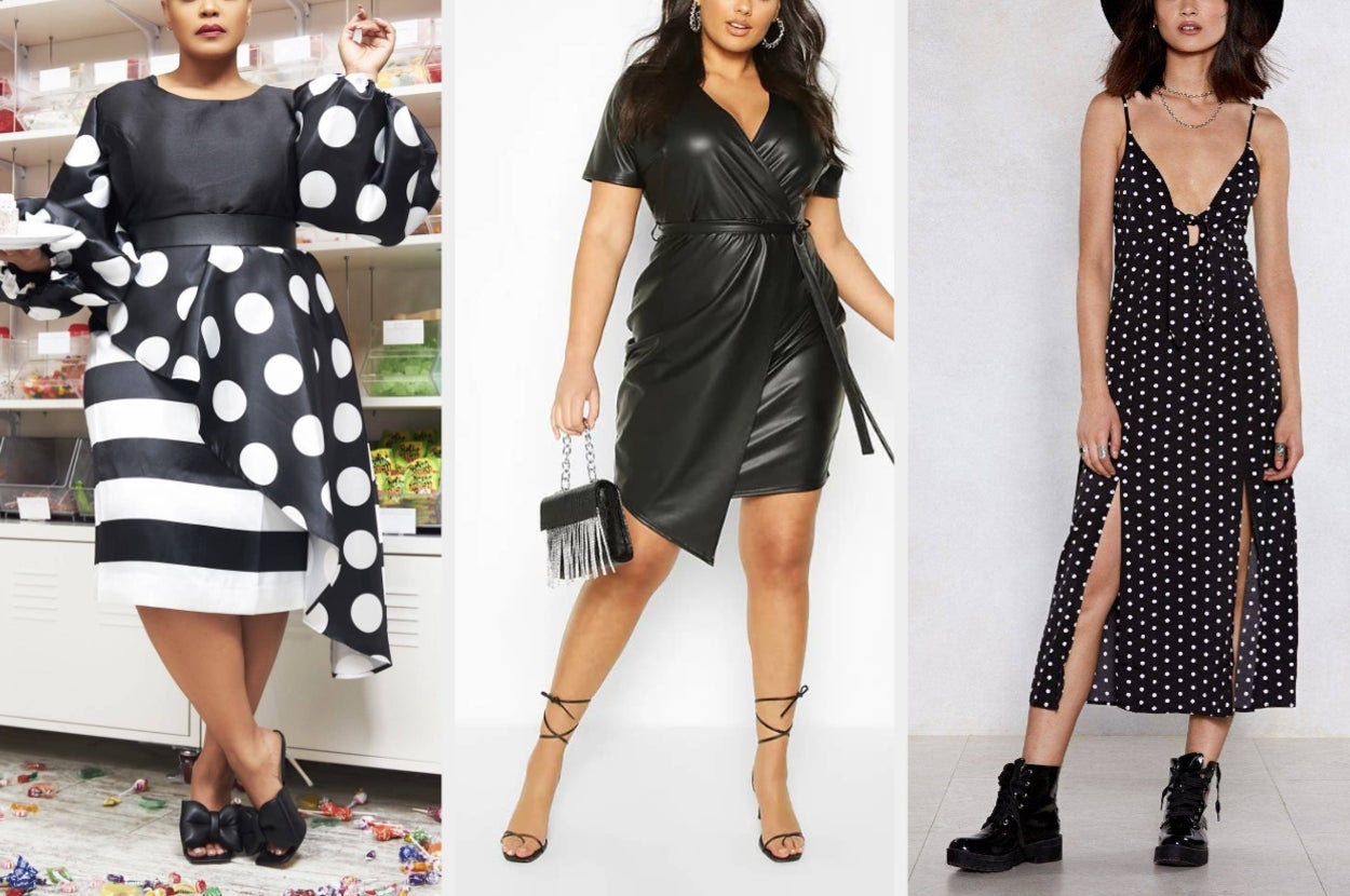 model in stripe and polka dot dress, model in faux leather wrap dress, model in long polka dot dress