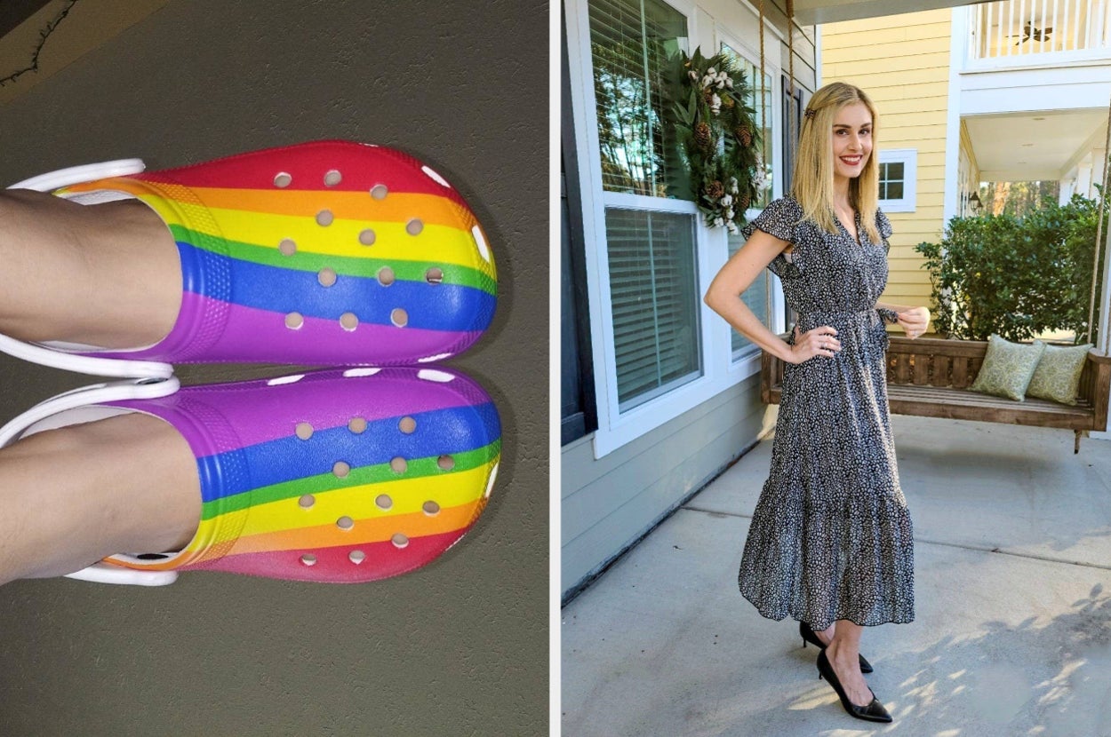 rainbow crocs and reviewer in a black and white midi dress