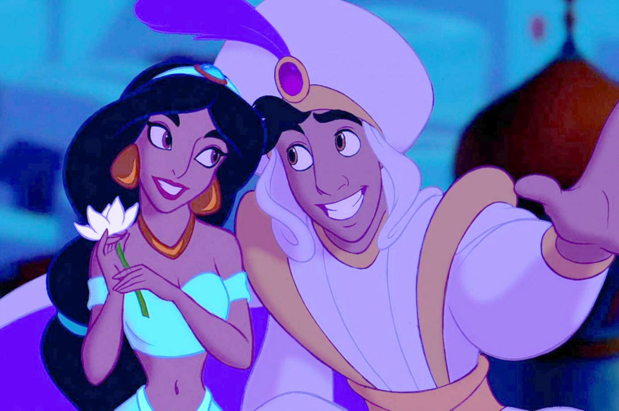 aladdin and jasmine riding on a magic carpet through the sky