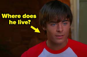 "Where does he live?" is written with an arrow pointing at Troy Bolton
