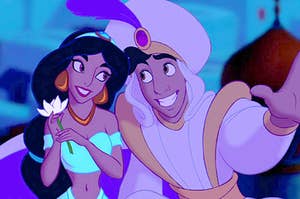 aladdin and jasmine riding on a magic carpet through the sky