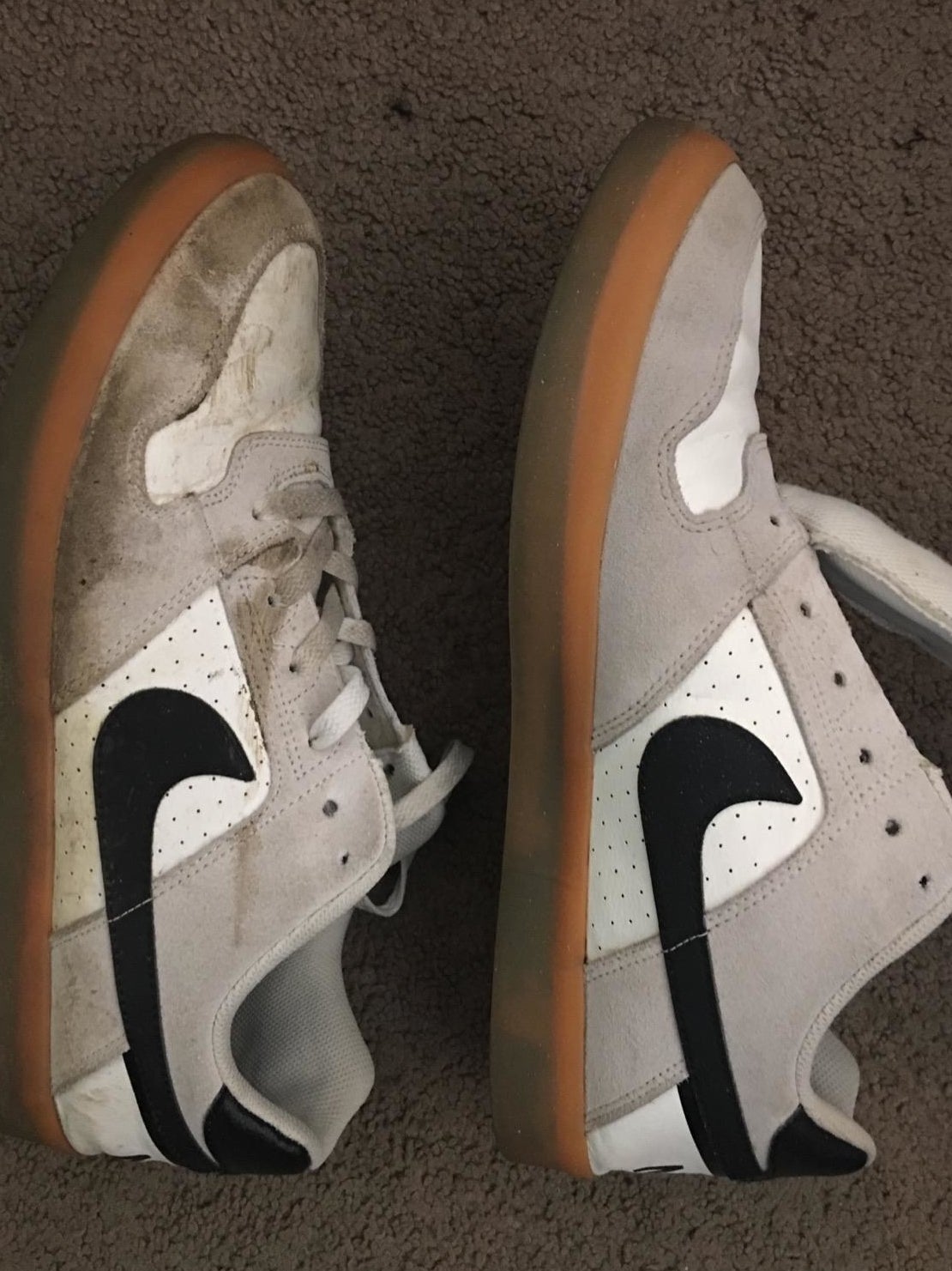 Reviewer&#x27;s before and after photo showing a shoe with stains and a shoe without stains after it was cleaned