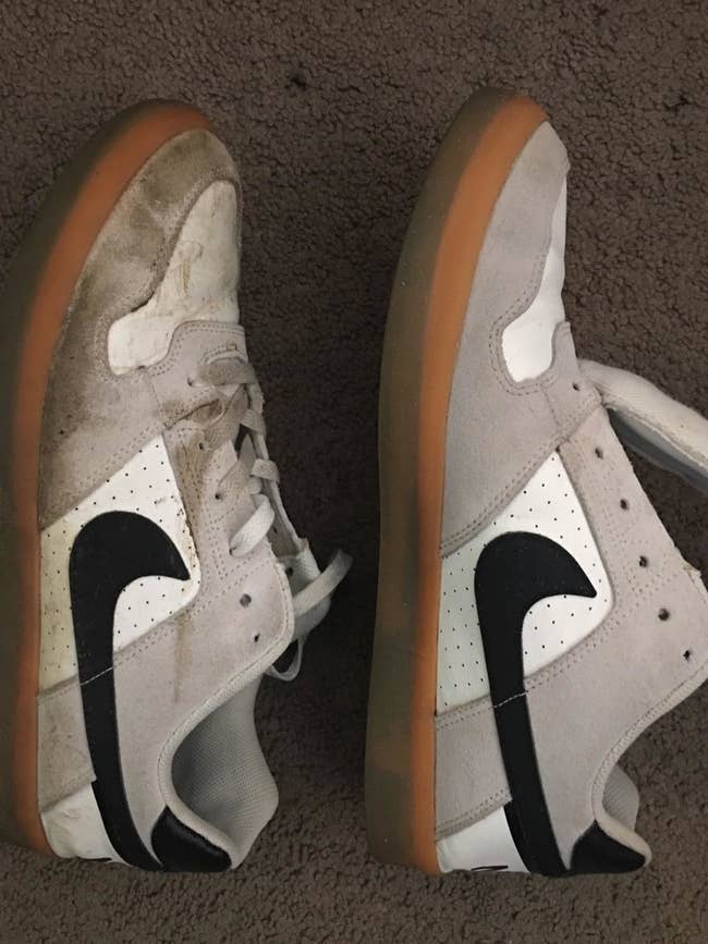 Reviewer's before and after photo showing a shoe with stains and a shoe without stains after it was cleaned