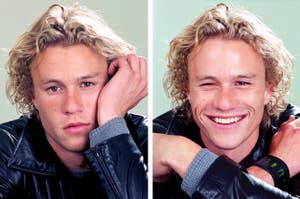 A side-by-side of Heath Ledger posing during a photoshoot; on the left image he is pouting while in the right he is smiling