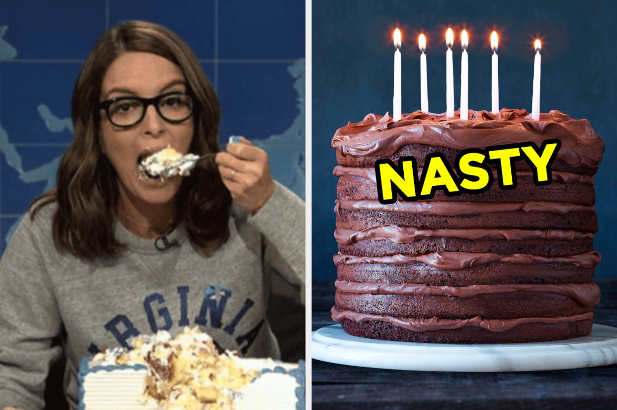 On the left, Tina Fey eating a sheet cake on "SNL," and on the right, a chocolate layer cake with birthday candles on top labeled "nasty"