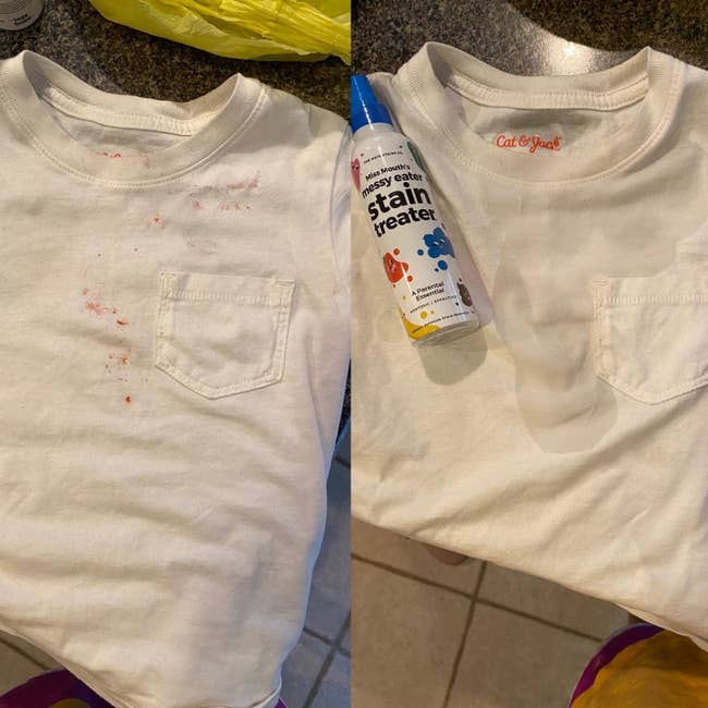 Reviewer's before and after photos showing a t-shirt with stains and a clean t-shirt without stains after it was cleaned