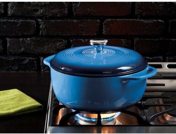 blue dutch oven on a stove
