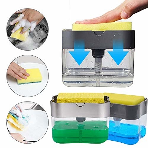 A 2-in-1 soap dispenser and sponge with images of cleaning the dishes.