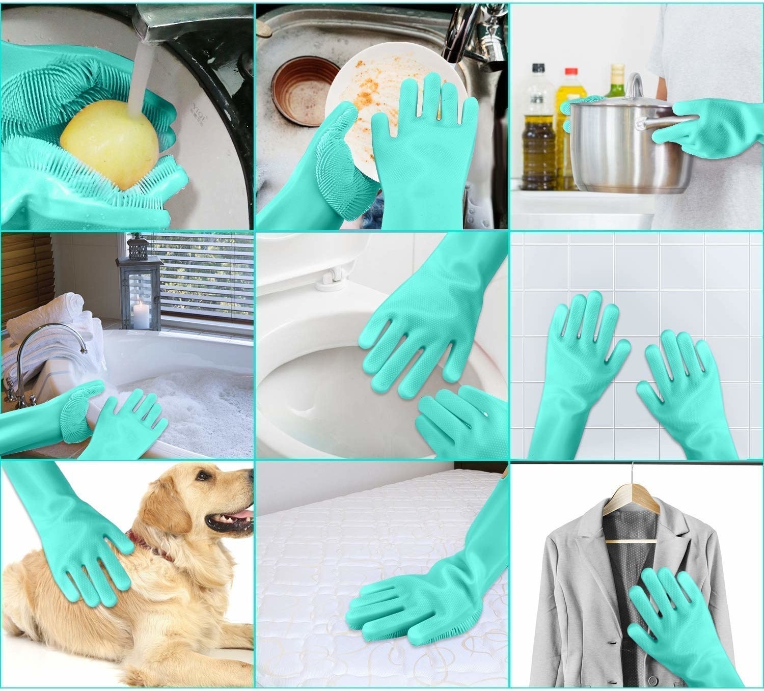 Images showing different uses of a pair of silicone brush gloves.