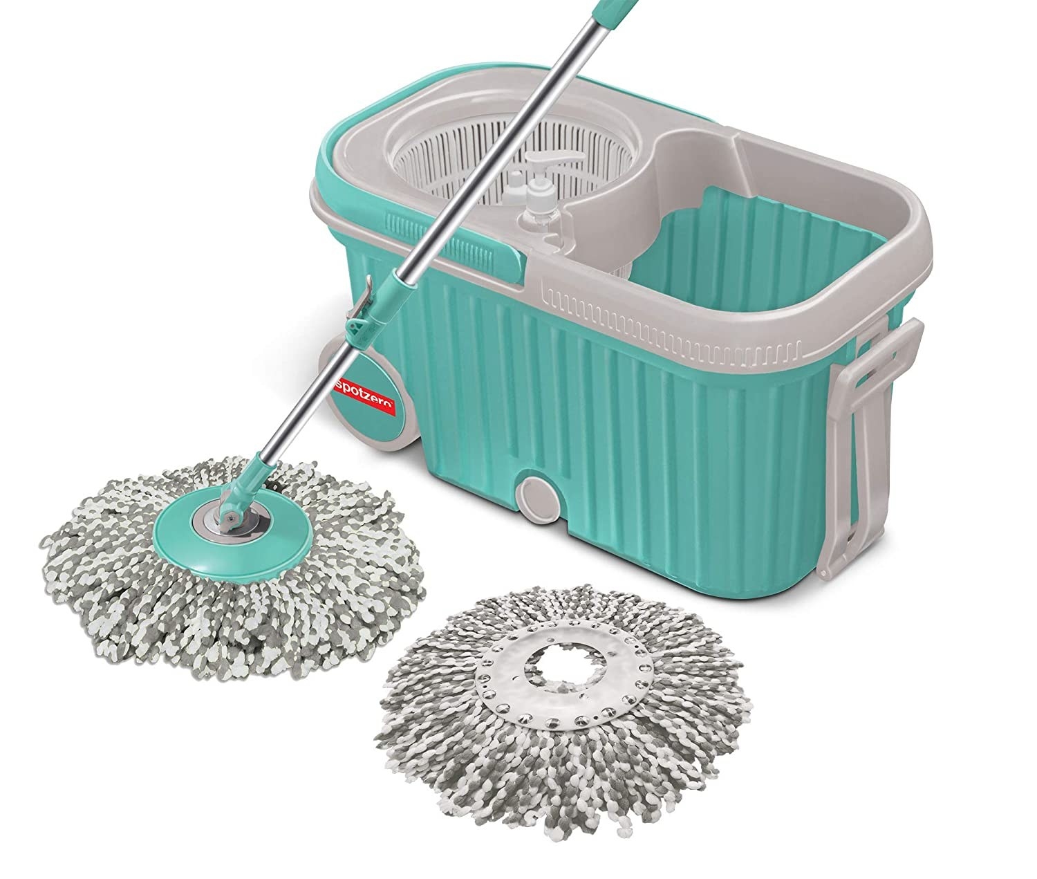 A spin mop bucket with stainless steel wringer.