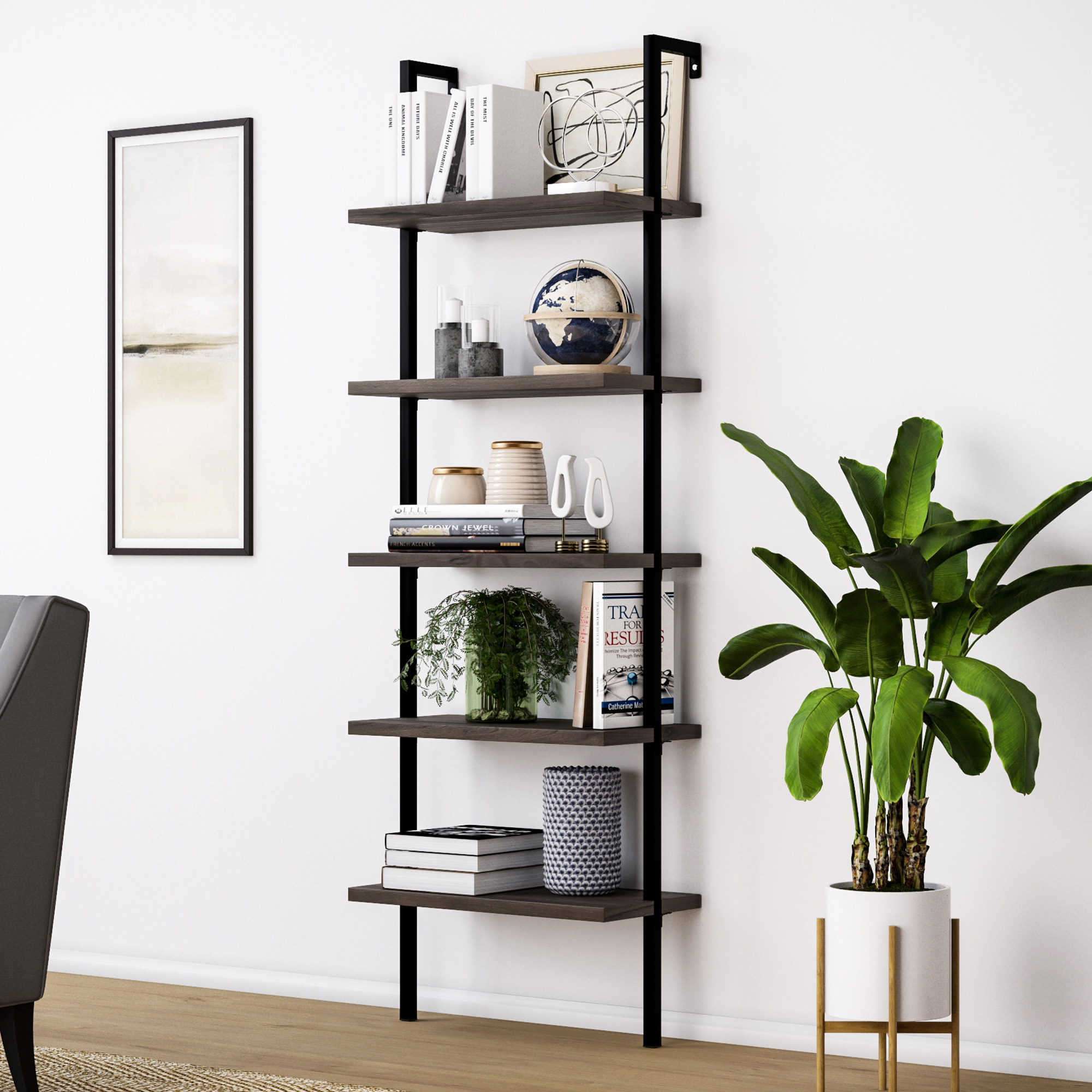 the ladder bookshelf with books, plants, and other decorations on it