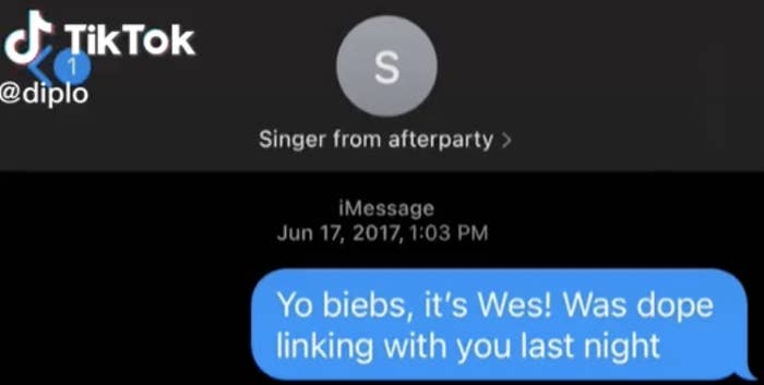 Screenshot of TikTok screen, with Diplo texting &quot;Singer from afterparty&quot;