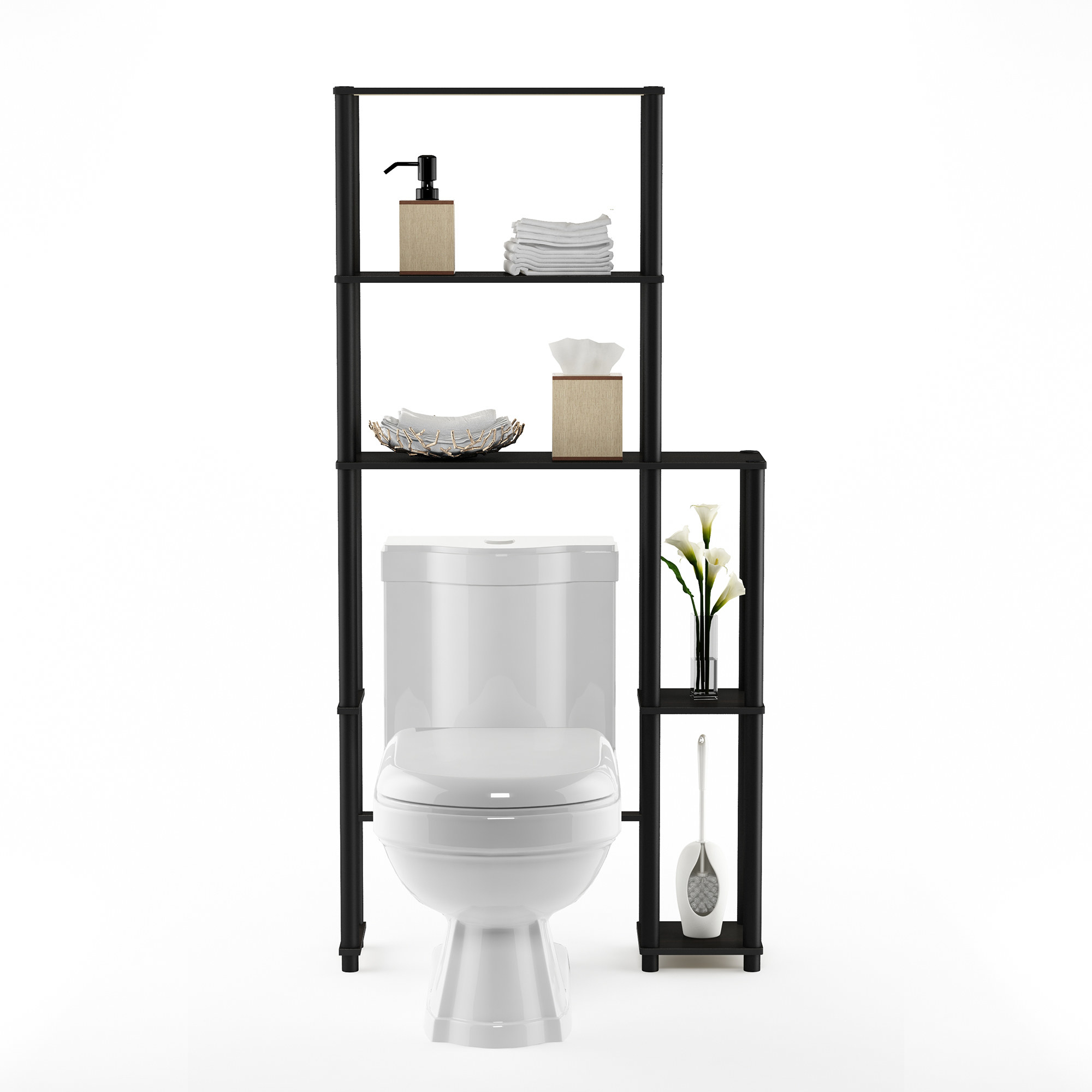 the bathroom shelf over a toilet with bathroom accessories on the shelves