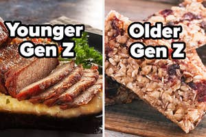 A steak is sliced on the left labeled, "Younger Gen Z" with a granola bar on the right labeled, "older Gen Z"
