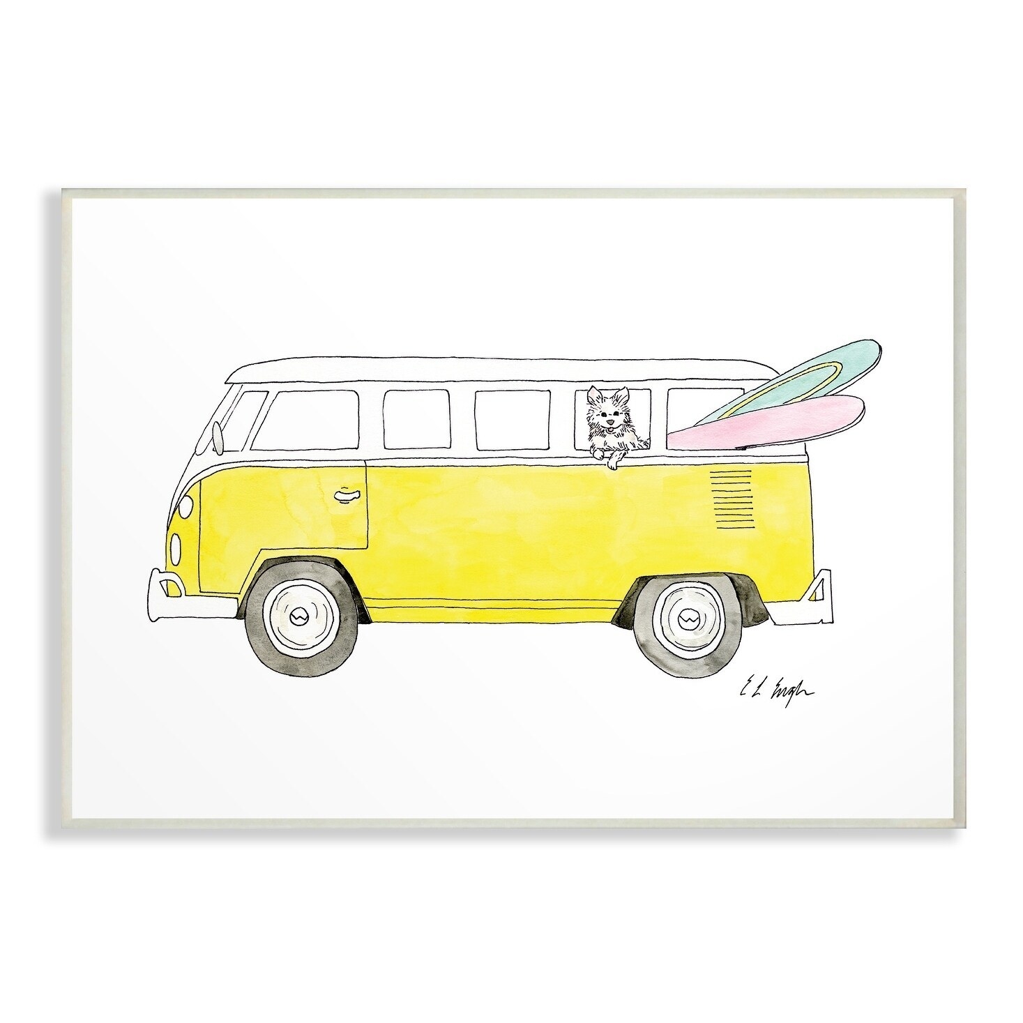 the canvas of a yellow van with a dog and two surfboards