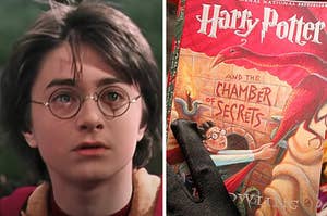 Harry Potter is looking serious on the left with a woman holding "Chamber of Secrets" on the right